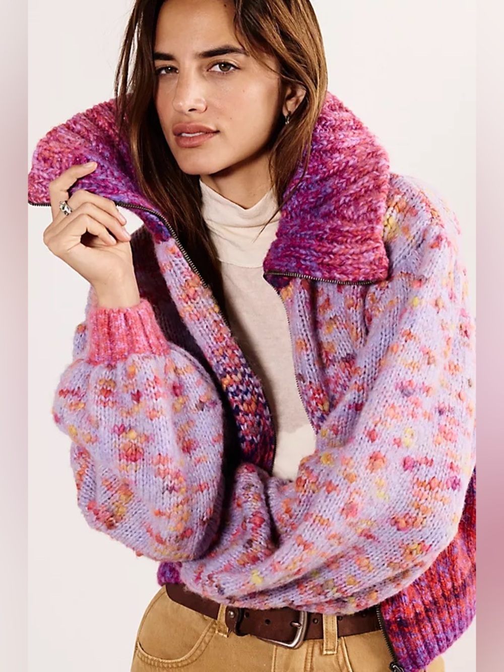 Free People Sugar And Sweets Knit Bomber Purple Zip Up Large